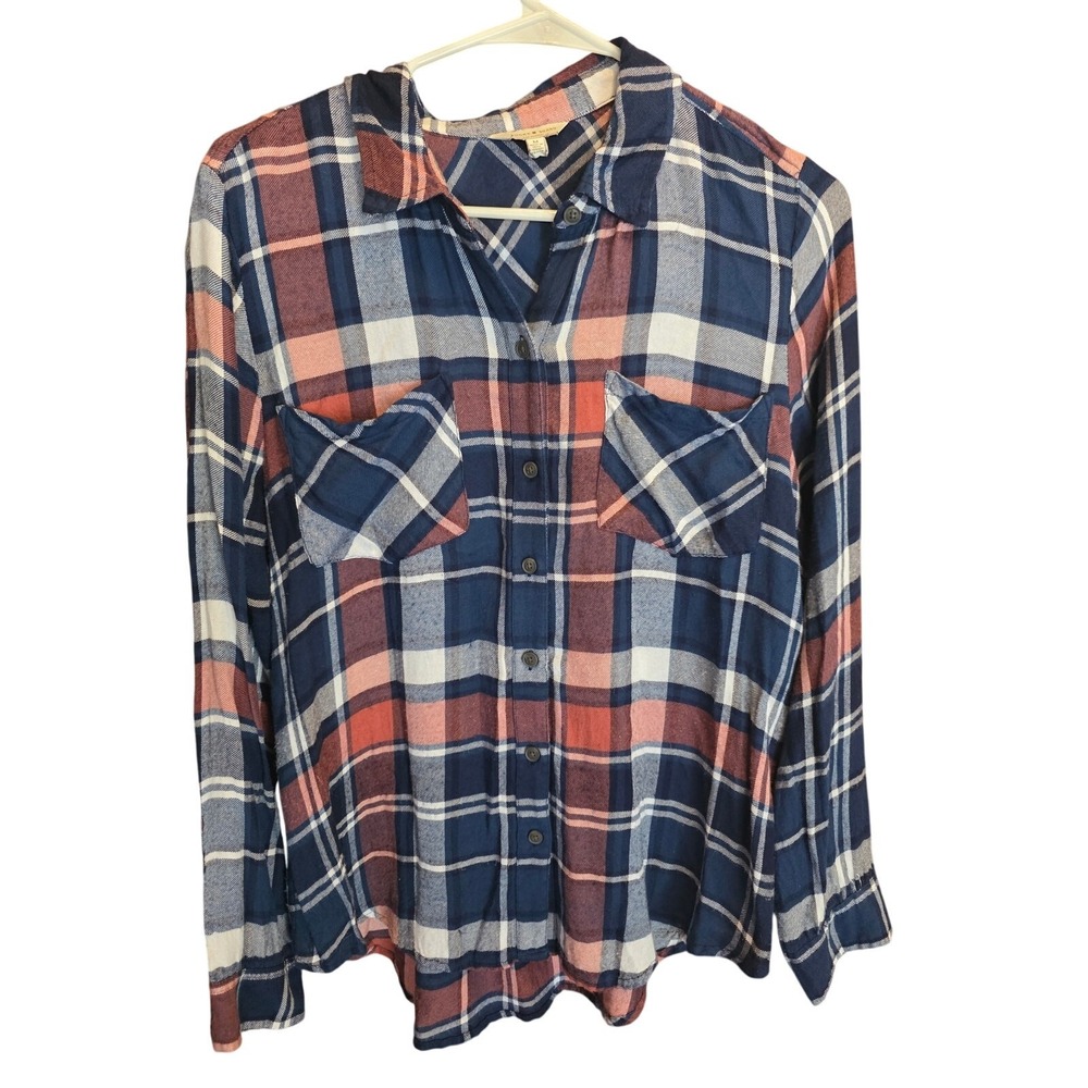 Lucky Brand Long Sleeve Button Front Top M Womens Blue Plaid Multicolor Fall